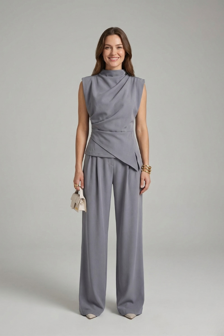 Women’s Two-Piece Set with Sleeveless Round Neck Top and Straight Leg Trousers