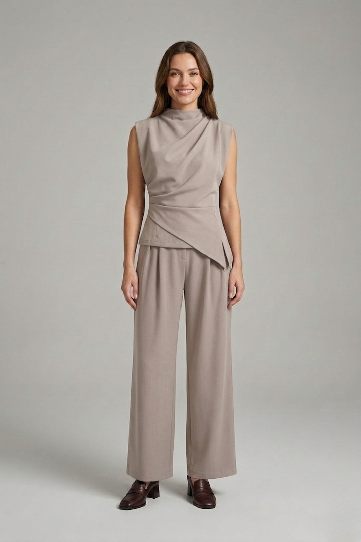 Women’s Two-Piece Set with Sleeveless Round Neck Top and Straight Leg Trousers