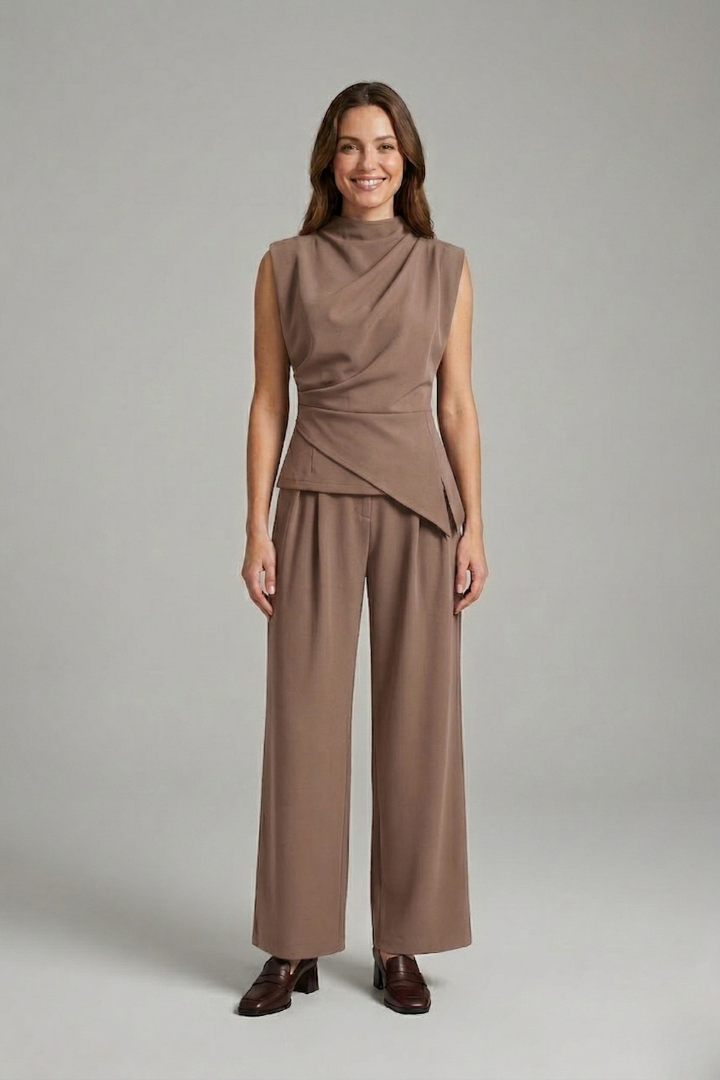 Women’s Two-Piece Set with Sleeveless Round Neck Top and Straight Leg Trousers