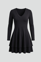 V-Neck Pullover Short Dress with Long Sleeves and Tiered Skirt