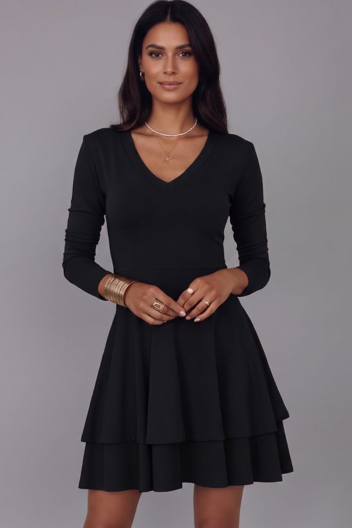 V-Neck Pullover Short Dress with Long Sleeves and Tiered Skirt