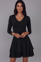 V-Neck Pullover Short Dress with Long Sleeves and Tiered Skirt