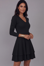 V-Neck Pullover Short Dress with Long Sleeves and Tiered Skirt