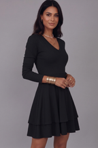 V-Neck Pullover Short Dress with Long Sleeves and Tiered Skirt