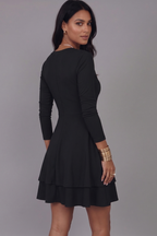 V-Neck Pullover Short Dress with Long Sleeves and Tiered Skirt