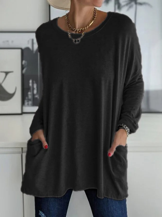 Women's Long Sleeve Shirt with Crew Neck and Side Pockets