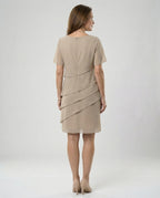Chiffon Layered Women's Knee-Length Dress with Short Sleeves and Round Neckline