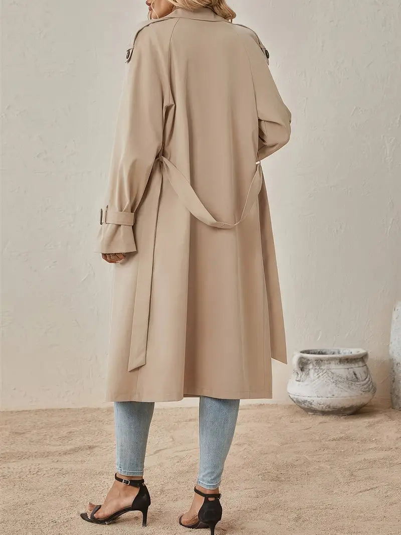 Double-Breasted Long Trench Coat with Adjustable Belt and Cuff Straps