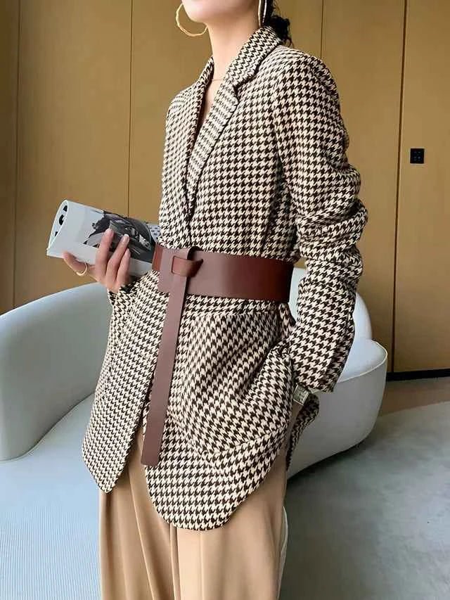 Houndstooth Blazer with Belt for Women