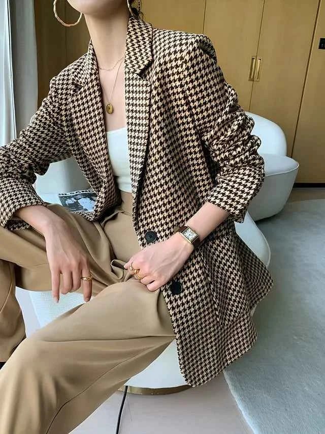 Houndstooth Blazer with Belt for Women