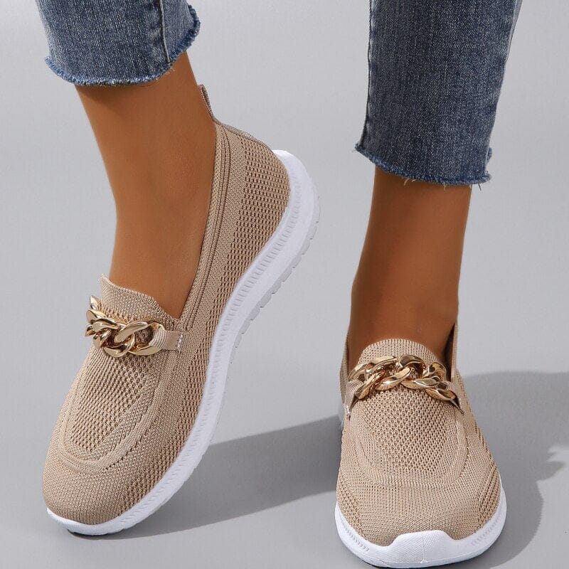 Knit Slip-On Loafers with Gold Chain Detail for Women