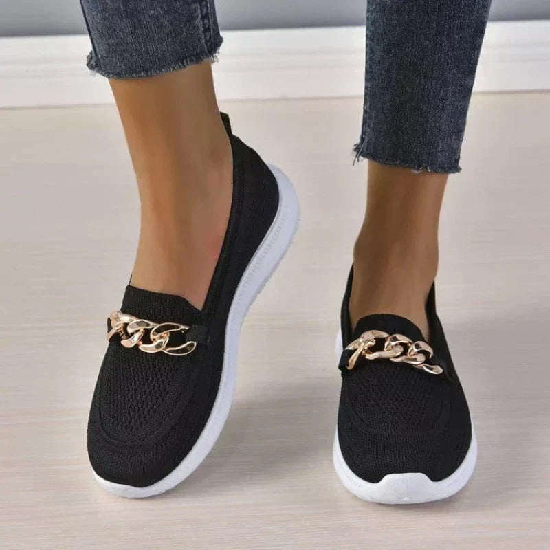 Knit Slip-On Loafers with Gold Chain Detail for Women