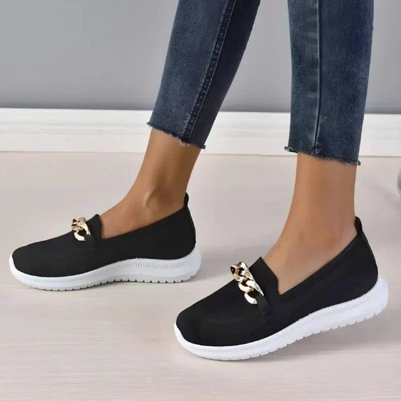 Knit Slip-On Loafers with Gold Chain Detail for Women