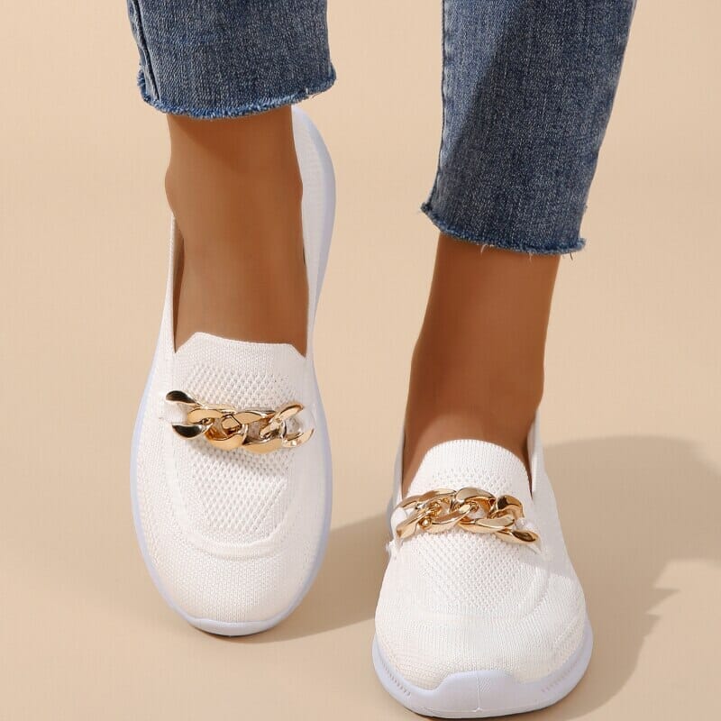 Knit Slip-On Loafers with Gold Chain Detail for Women