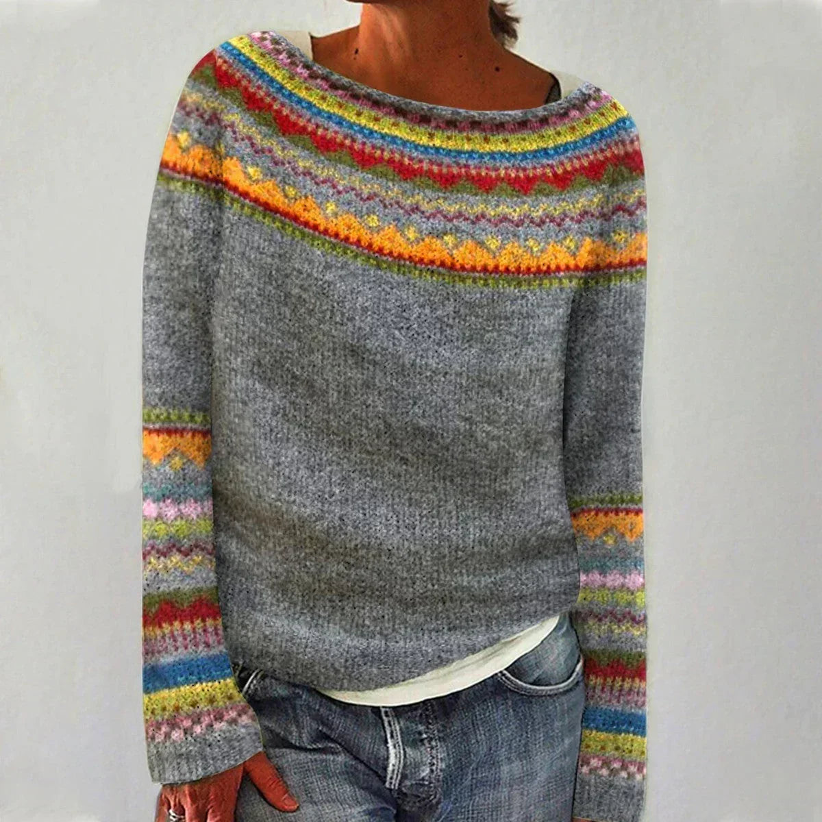 Women's Sweater with Boat Neck and Fair Isle Pattern
