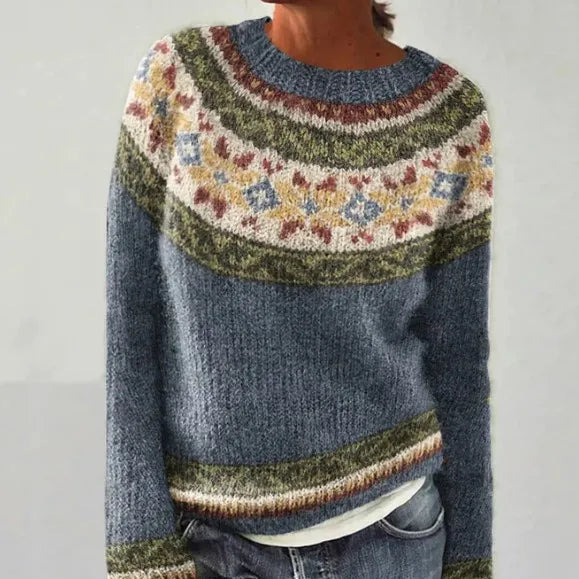 Women's Sweater with Boat Neck and Fair Isle Pattern