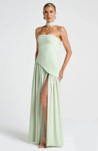 Women's Maxi Dress with Strapless Neckline and High Slit