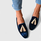 Velvet Loafers with Gold Tassel Detail and Almond Toe