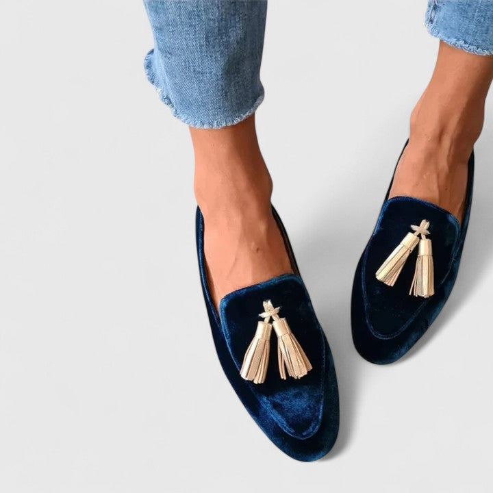 Velvet Loafers with Gold Tassel Detail and Almond Toe