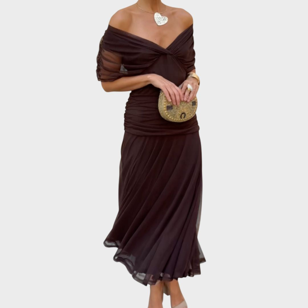 Off-Shoulder Floral Maxi Dress with Ruched Waist and Sheer Overlay Panels