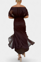 Off-Shoulder Floral Maxi Dress with Ruched Waist and Sheer Overlay Panels
