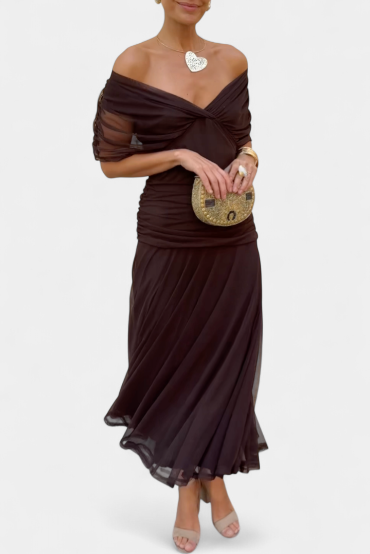 Off-Shoulder Floral Maxi Dress with Ruched Waist and Sheer Overlay Panels