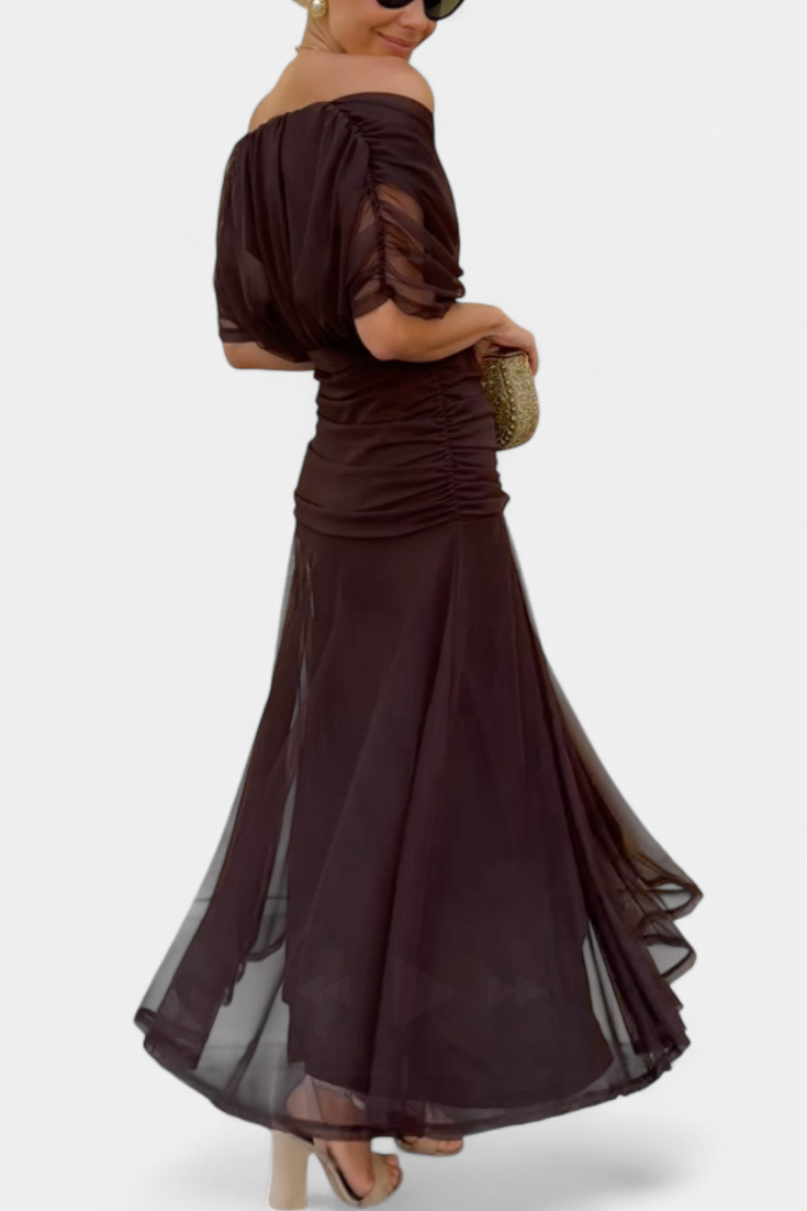 Off-Shoulder Floral Maxi Dress with Ruched Waist and Sheer Overlay Panels
