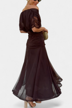 Off-Shoulder Floral Maxi Dress with Ruched Waist and Sheer Overlay Panels