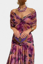 Off-Shoulder Floral Maxi Dress with Ruched Waist and Sheer Overlay Panels