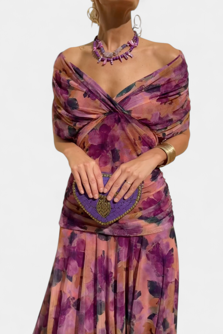Off-Shoulder Floral Maxi Dress with Ruched Waist and Sheer Overlay Panels