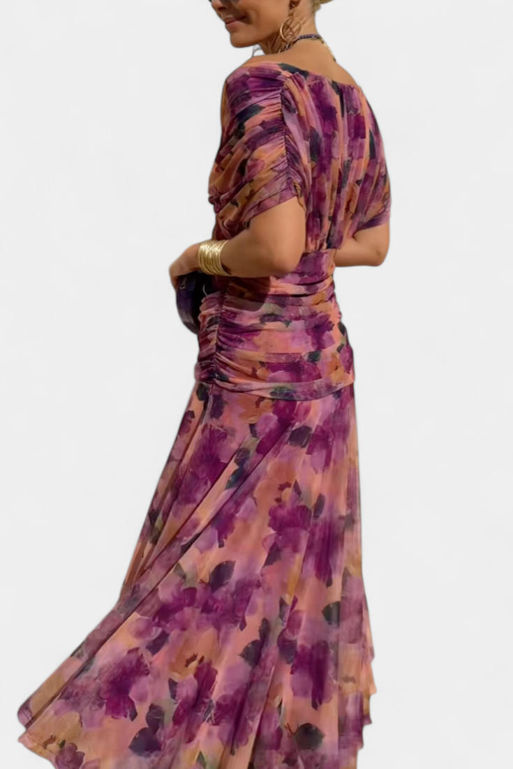 Off-Shoulder Floral Maxi Dress with Ruched Waist and Sheer Overlay Panels