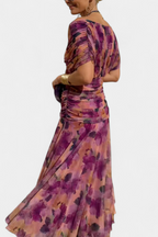 Off-Shoulder Floral Maxi Dress with Ruched Waist and Sheer Overlay Panels