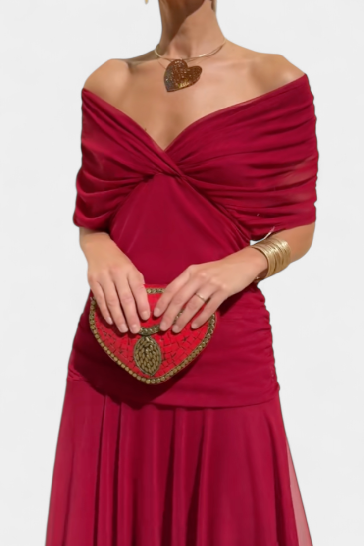 Off-Shoulder Floral Maxi Dress with Ruched Waist and Sheer Overlay Panels