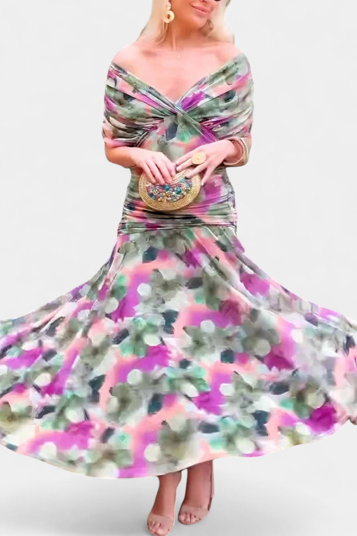 Off-Shoulder Floral Maxi Dress with Ruched Waist and Sheer Overlay Panels