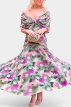 Off-Shoulder Floral Maxi Dress with Ruched Waist and Sheer Overlay Panels