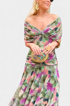 Off-Shoulder Floral Maxi Dress with Ruched Waist and Sheer Overlay Panels