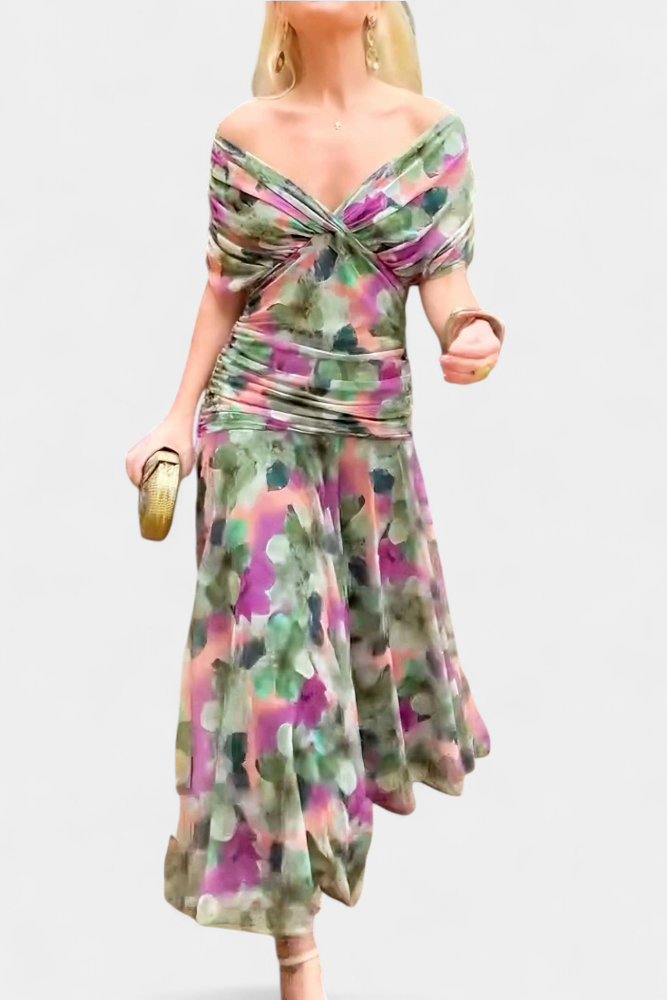 Off-Shoulder Floral Maxi Dress with Ruched Waist and Sheer Overlay Panels