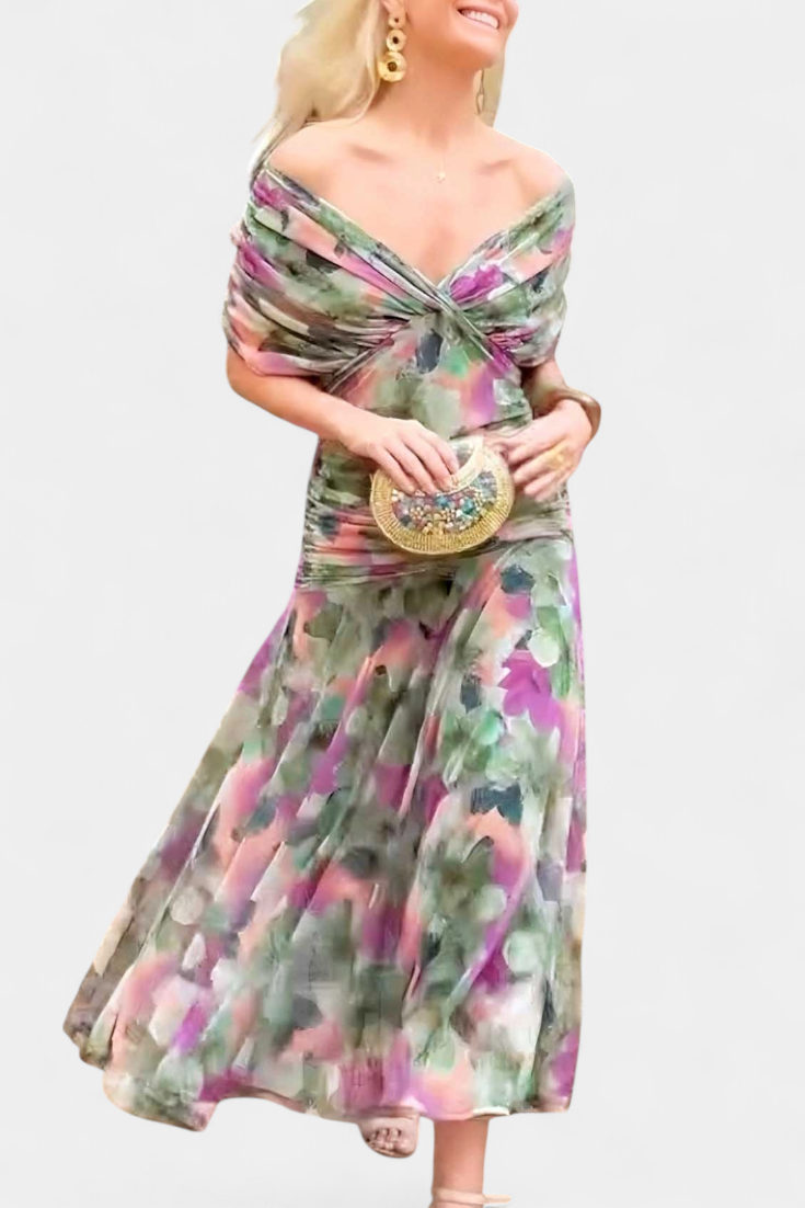 Off-Shoulder Floral Maxi Dress with Ruched Waist and Sheer Overlay Panels