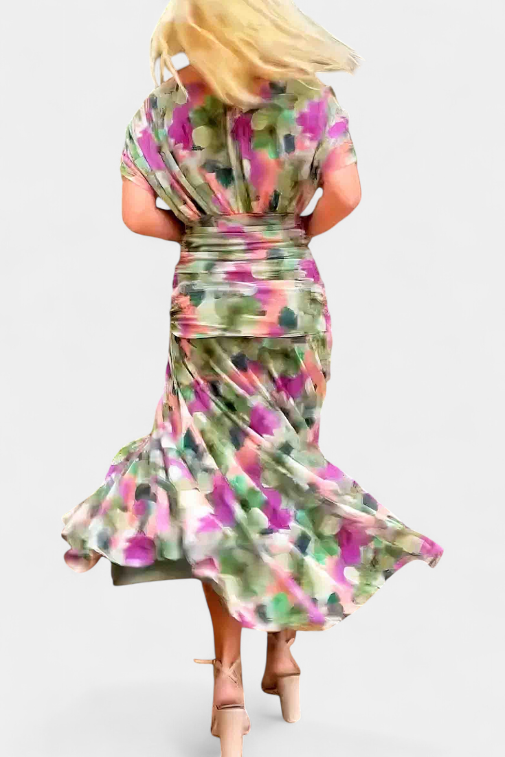 Off-Shoulder Floral Maxi Dress with Ruched Waist and Sheer Overlay Panels
