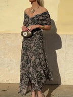 Off-Shoulder Floral Maxi Dress with Ruched Waist and Sheer Overlay Panels