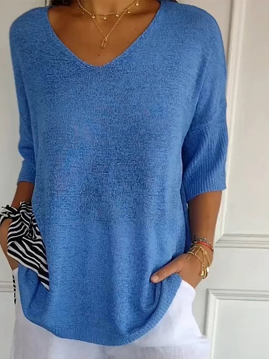 Relaxed Fit Blue V-Neck Knit Sweater for Women