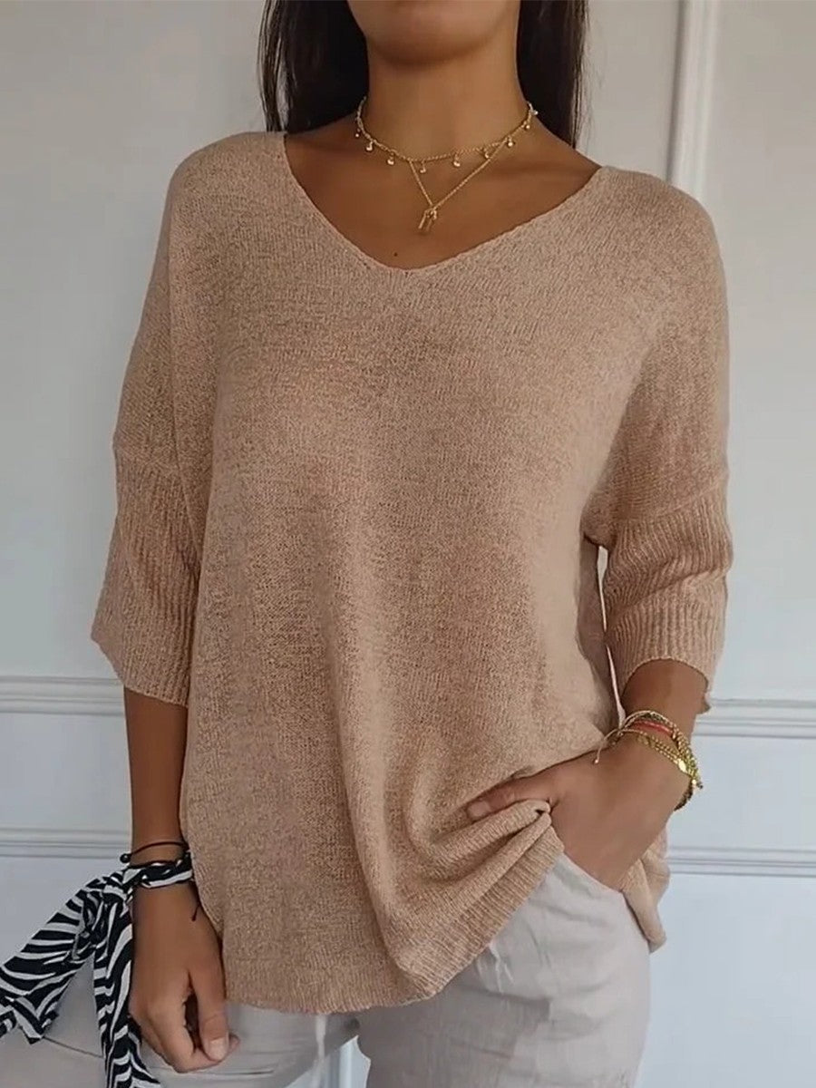 Relaxed Fit Blue V-Neck Knit Sweater for Women
