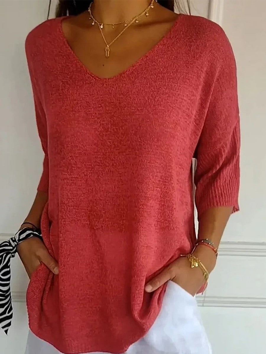 Relaxed Fit Blue V-Neck Knit Sweater for Women