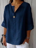 Navy Cotton V-neck Blouse with 3/4 Sleeves and Button Detail