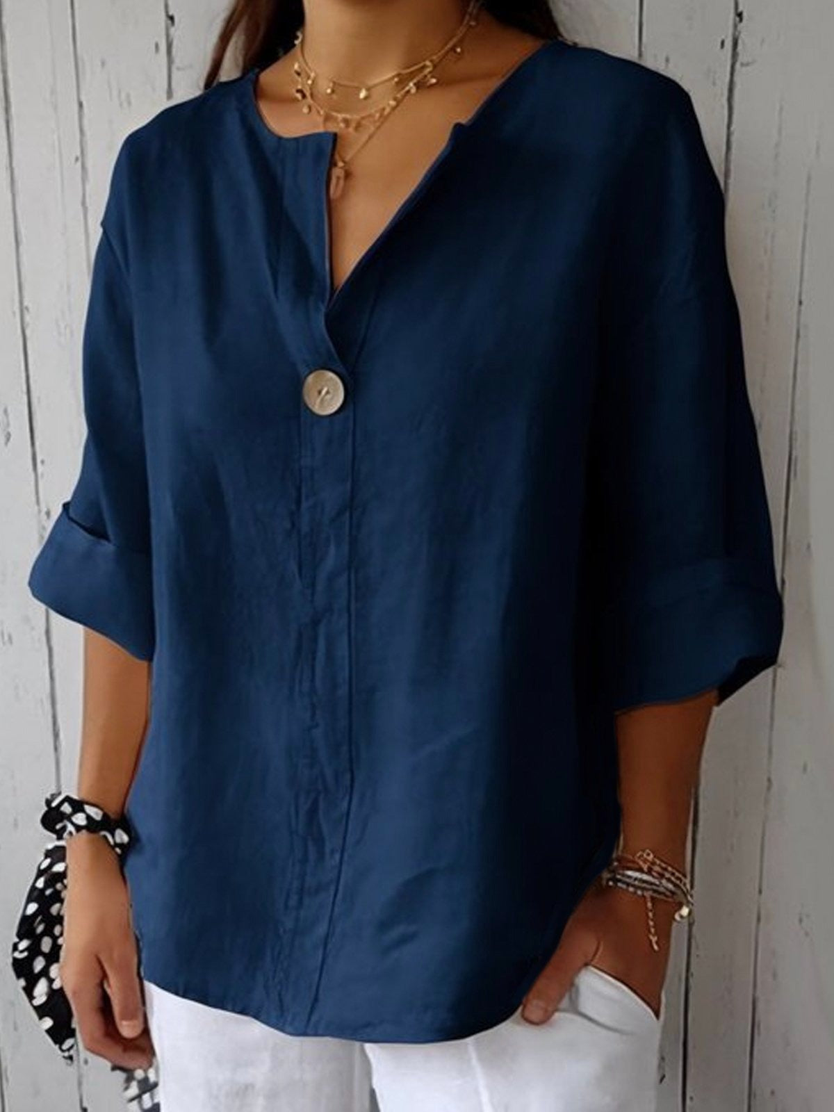 Navy Cotton V-neck Blouse with 3/4 Sleeves and Button Detail