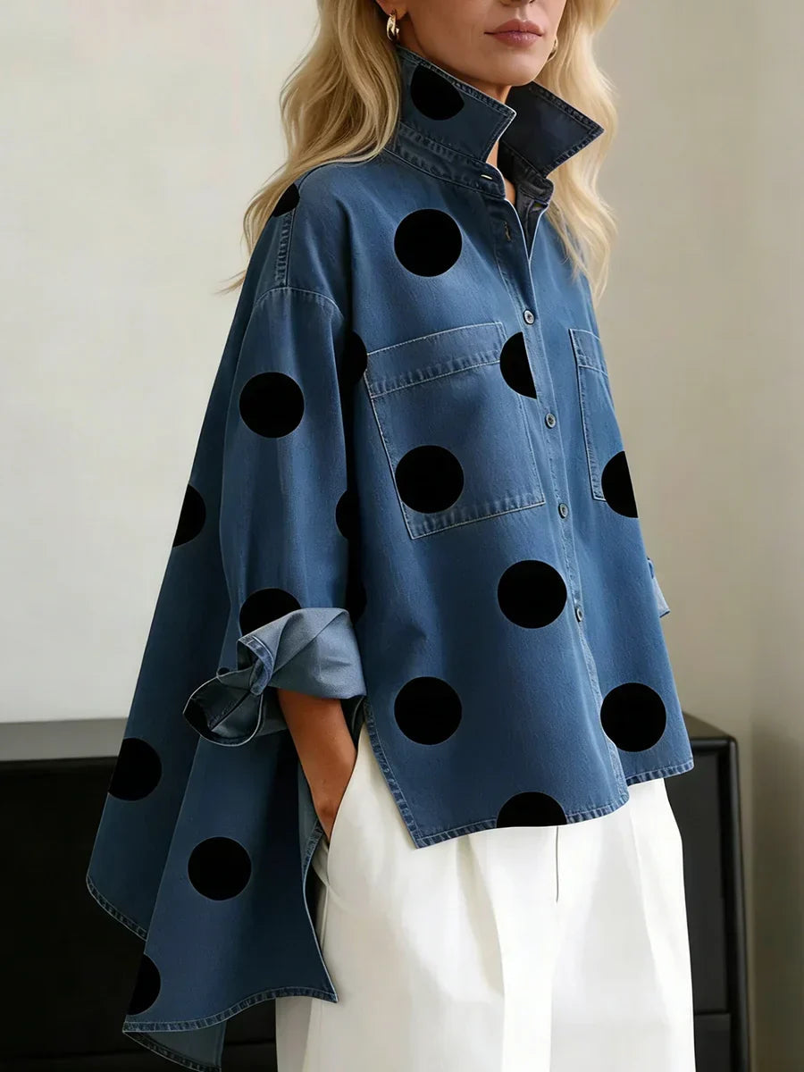 Polka Dot Button-Up Shirt with Spread Collar and Dual Chest Pockets