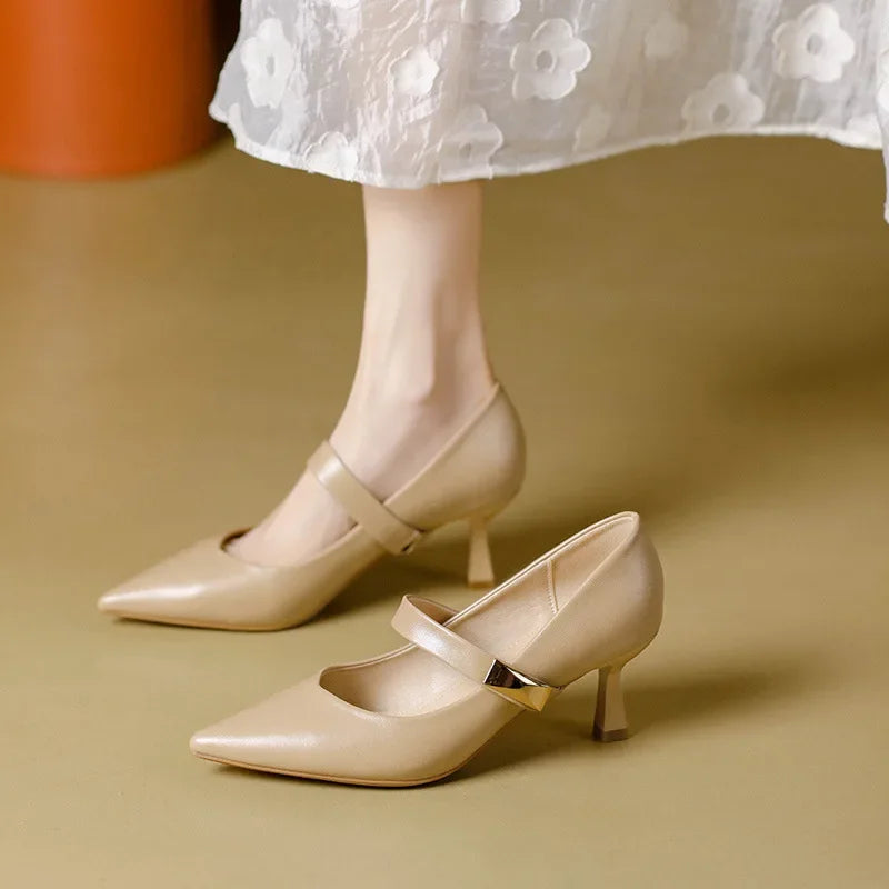 Slingback Pointed Toe Heels with Flared Stiletto and Adjustable Strap