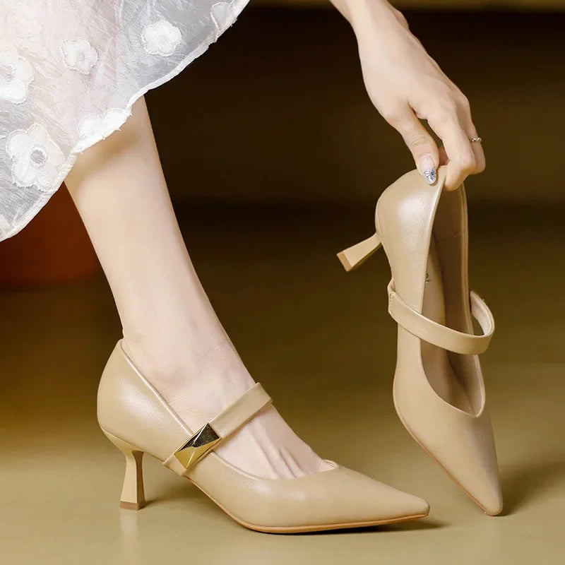 Slingback Pointed Toe Heels with Flared Stiletto and Adjustable Strap