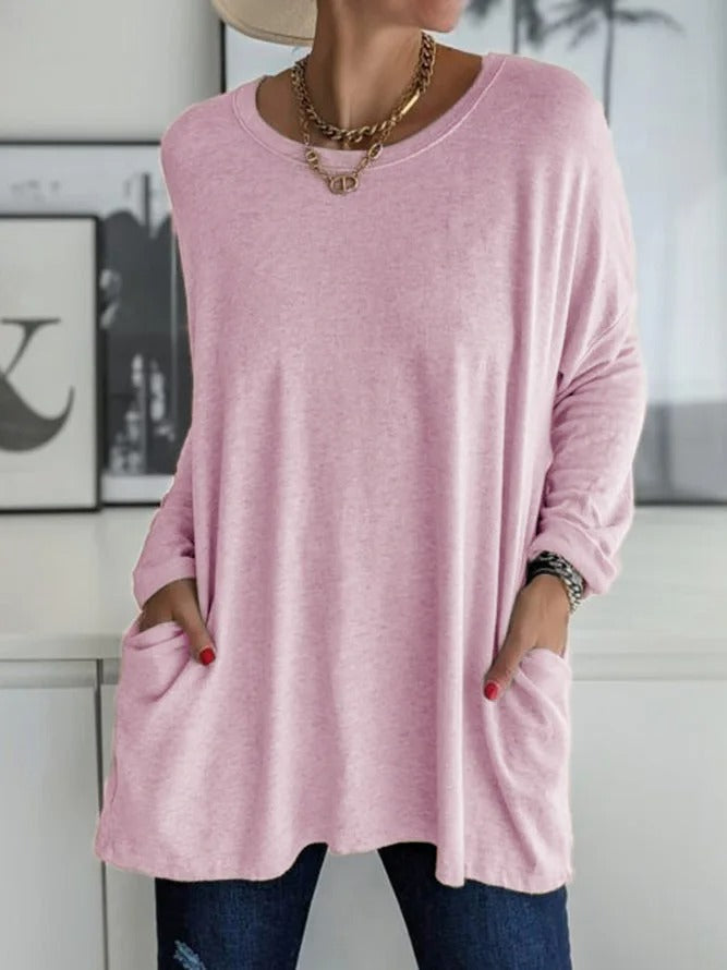 Women's Long Sleeve Shirt with Crew Neck and Side Pockets