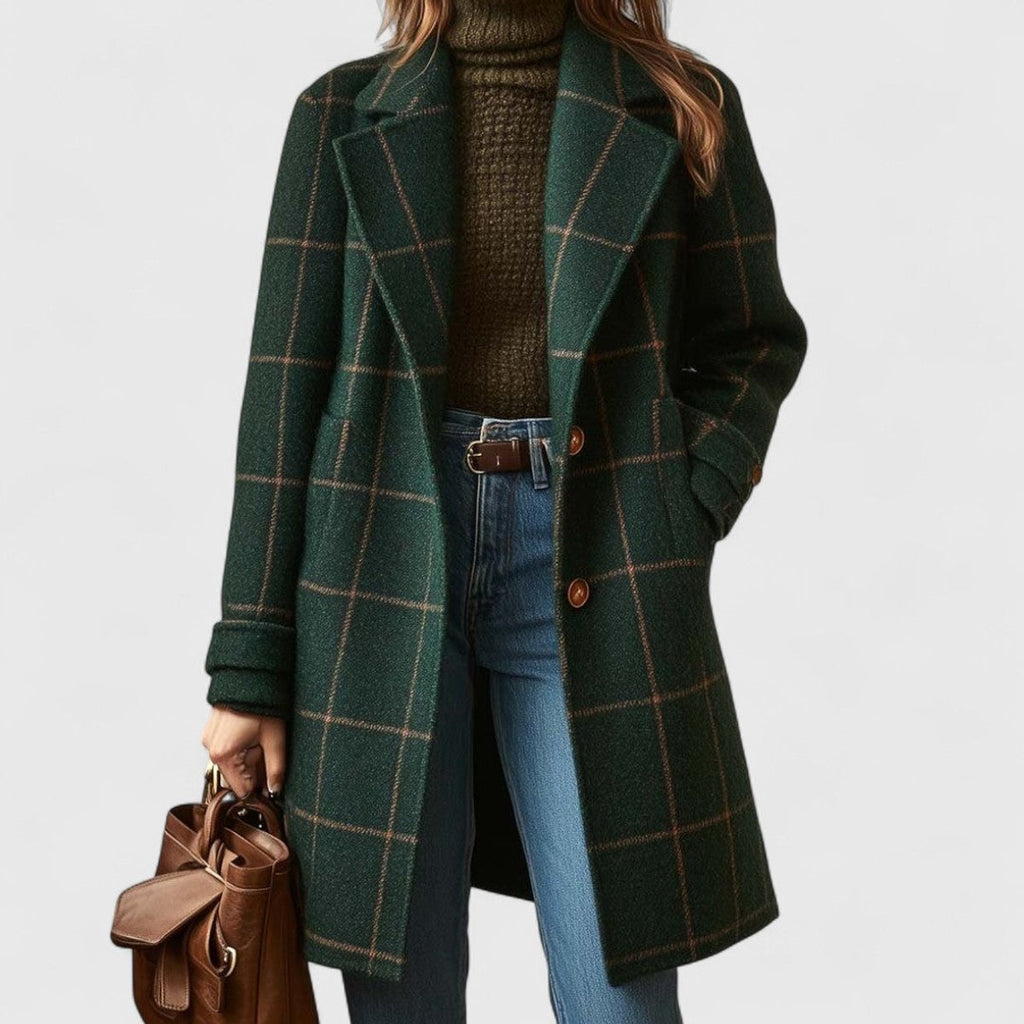 Checked Tailored Coat for Women with Notch Collar and Button Closure